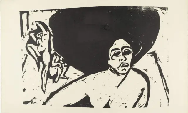 Retrato expresionista de Ernst Ludwig Kirchner. Figuras desnudas en el fondo.
