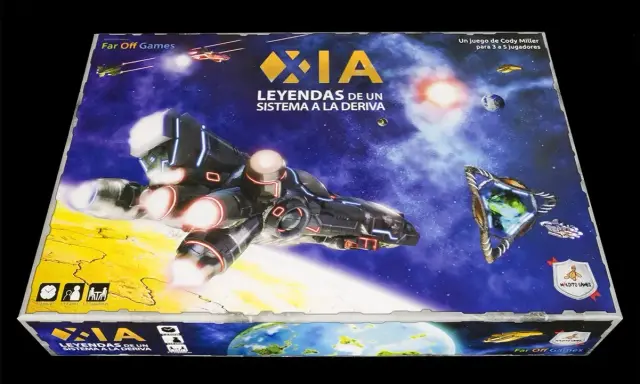 Caja del juego de mesa "XIA: Leyendas de un Sistema a la Deriva", con naves espaciales y planetas.