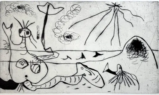 Un grabado en arte con figuras abstractas y marinas, como un pez alargado y criaturas fantásticas, en un estilo surrealista.