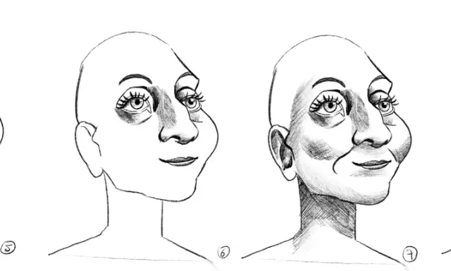 Cuatro rostros en diferentes estilos de caricaturas, mostrando la evolución de un boceto a un retrato detallado con cabello.