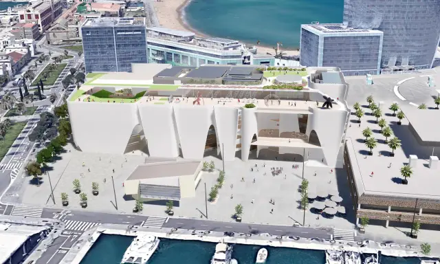 Vista aérea de un moderno museo del Hermitage con terrazas verdes, esculturas y un puerto deportivo con yates.