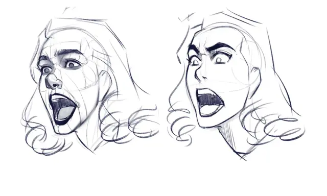 Dos dibujos de personas con expresiones de sorpresa o grito, bocetos a lápiz con líneas de construcción visibles.