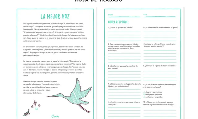 Hoja de trabajo con la fábula "La mejor voz", ideal para lectura para niños de 8 a 10 años, con preguntas de comprensión.
