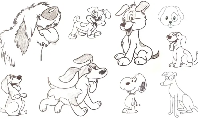 Colección de dibujos de animales a lápiz fáciles de hacer, mostrando varios cachorros juguetones y sonrientes.