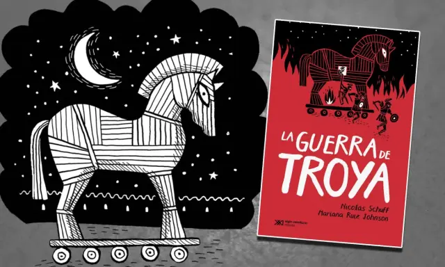 Ilustración de un caballo de Troya bajo la luna, con un libro que resume la Iliada y la Guerra de Troya.