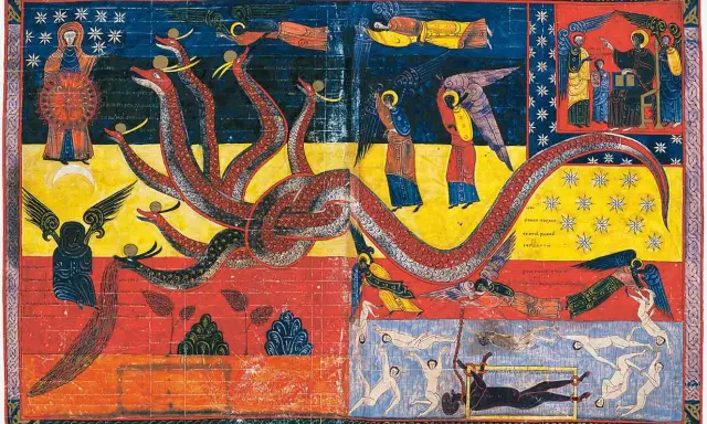 Pintura al temple de un dragón de siete cabezas luchando contra ángeles y almas.
