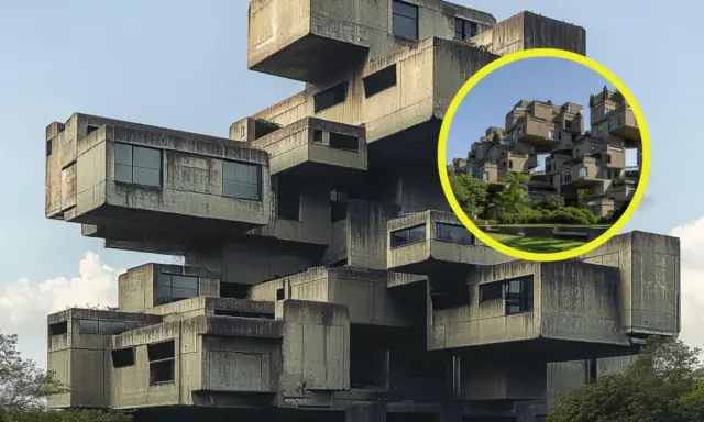 Edificio de hormigón apilado, un ejemplo de que es el brutalismo. La imagen muestra la arquitectura de Habitat 67 en Montreal.