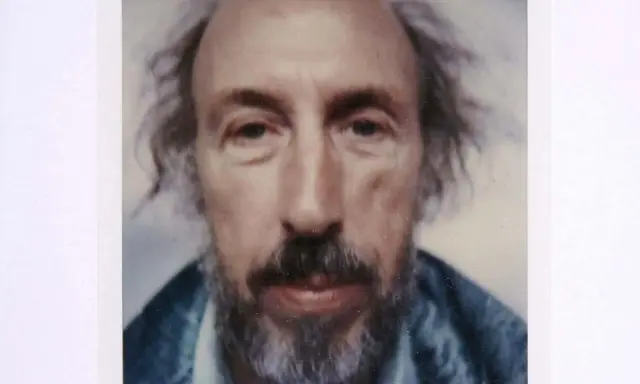 Retrato de un hombre con barba y cabello revuelto, estilo richard hamilton pop art.