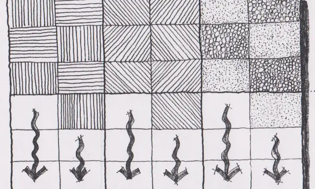 Dibujo a mano alzada de un patrón de cuadrados con diferentes texturas y flechas onduladas apuntando hacia abajo.