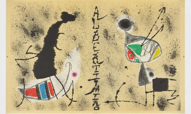 Composición abstracta con figuras biomórficas y trazos enérgicos, evocando el estilo de Joan Miró.