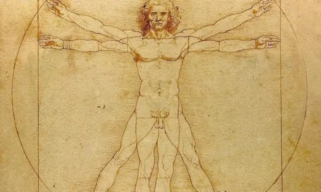 El Hombre de Vitruvio, estudio de Leonardo da Vinci sobre la anatomía humana y las proporciones perfectas.