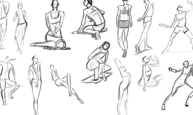 Un boceto rápido de figuras humanas en diversas poses, capturando la esencia del movimiento. Un dibujo en movimiento que muestra la fluidez de la anatomía.