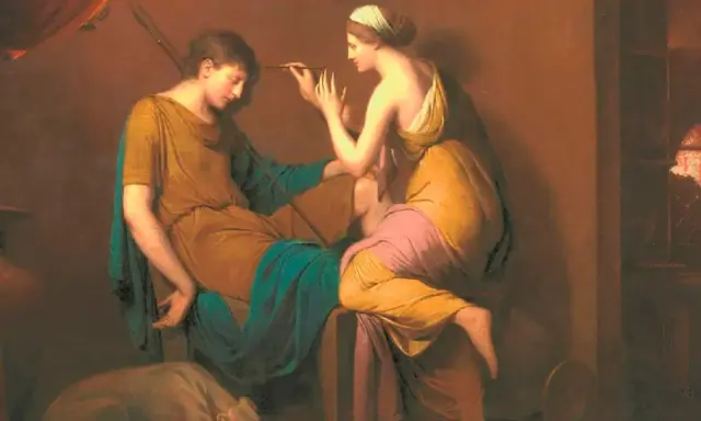 Dos mujeres, inspiradas en pintoras del Renacimiento, crean arte. Una posa mientras la otra pinta con delicadeza.