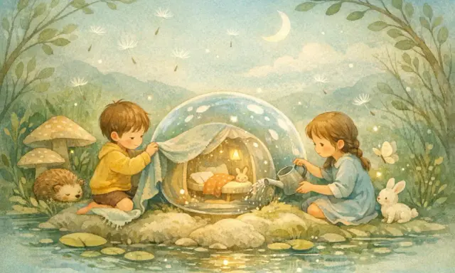 Niños cuidan un conejito en una burbuja mágica, como en cuentos con moraleja. Un erizo y setas observan.