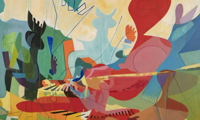 Abstract painting with bold colors and shapes, evoking a sense of movement and energy. This is what modern art can be.