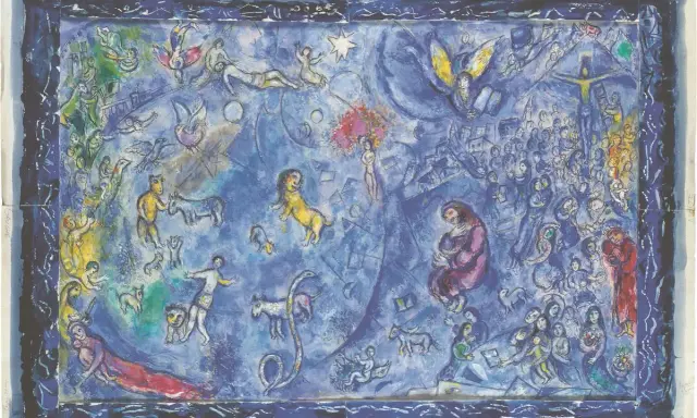 Escena onírica de **Marc Chagall** con figuras celestiales, animales y multitudes en tonos azules.