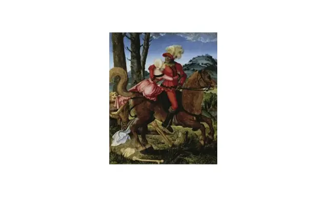 Cabalgata de la Muerte, obra de Hans Baldung Grien. Un jinete con atuendo rojo abraza a una dama, mientras la Muerte, un esqueleto, los acompaña.