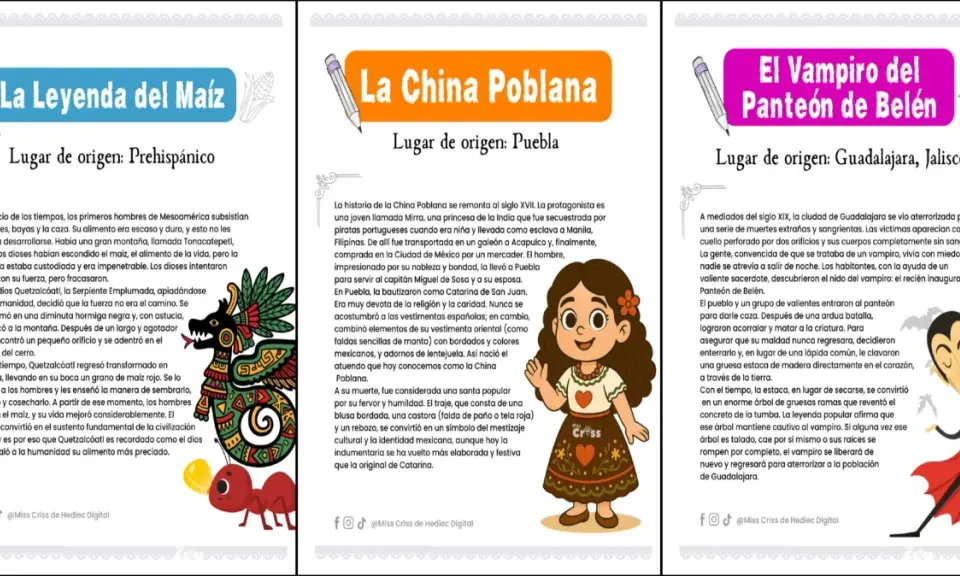 Leyendas para niños: La Leyenda del Maíz, La China Poblana y El Vampiro del Panteón de Belén. Ilustraciones coloridas acompañan estas historias.