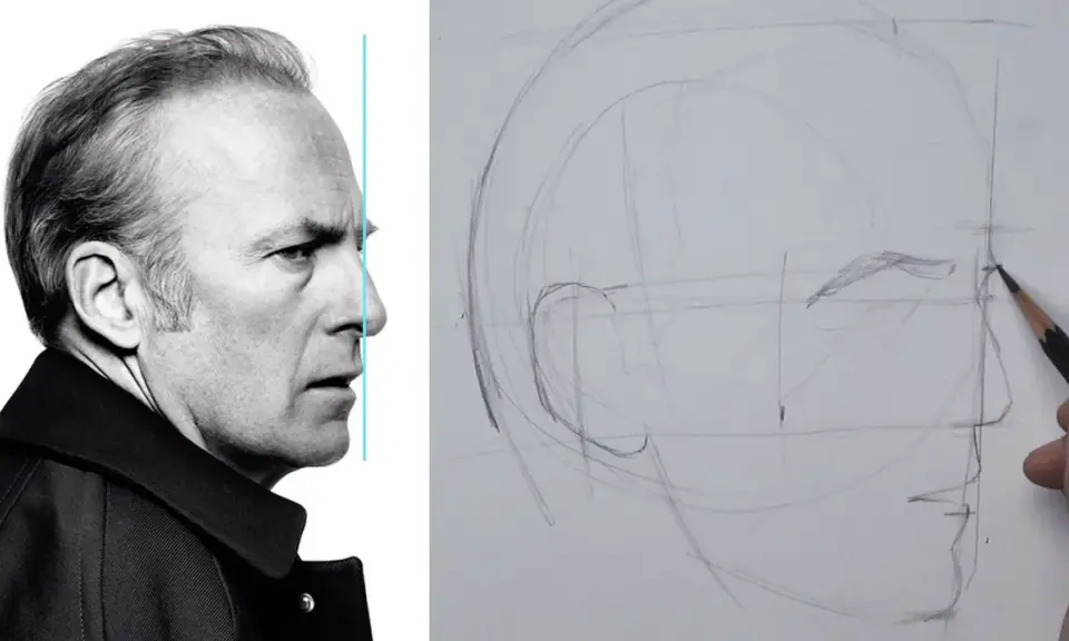 Guía visual para aprender como hacer un retrato. Muestra un rostro de perfil y un boceto inicial de un retrato.
