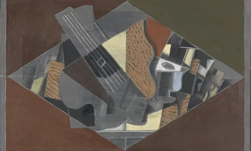Violín y vaso, ejemplo de que es el cubismo, con formas geométricas fragmentadas y múltiples puntos de vista.