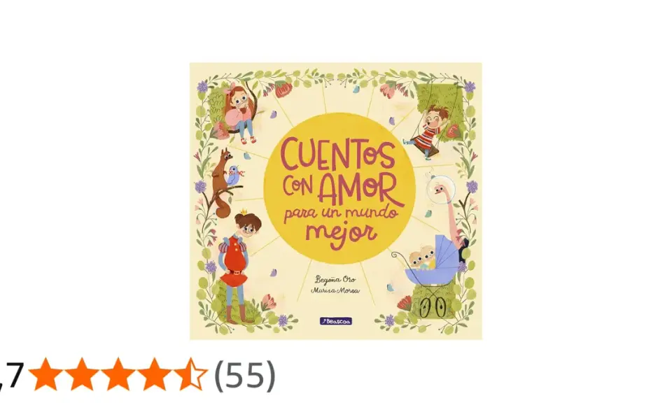 Ilustración de un libro titulado "Cuentos con amor para un mundo mejor", con niños, un príncipe y animales en un entorno floral.