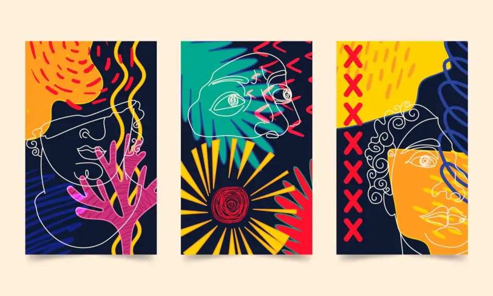 Tríptico de arte contemporáneo con rostros abstractos en líneas blancas sobre fondos vibrantes y texturas.