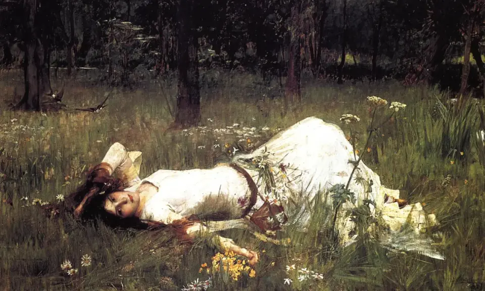 Una joven yace en un prado, rodeada de flores silvestres. El estilo de John William Waterhouse evoca un sueño etéreo en la naturaleza.