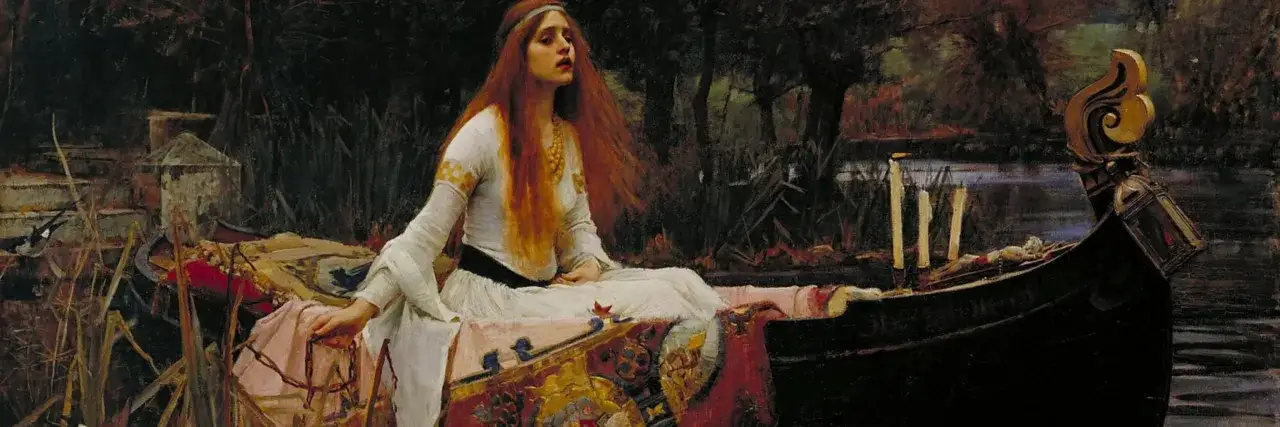 Dama de cabello rojo en barca, obra de John William Waterhouse, con velas y un paisaje sombr&iacute;o.