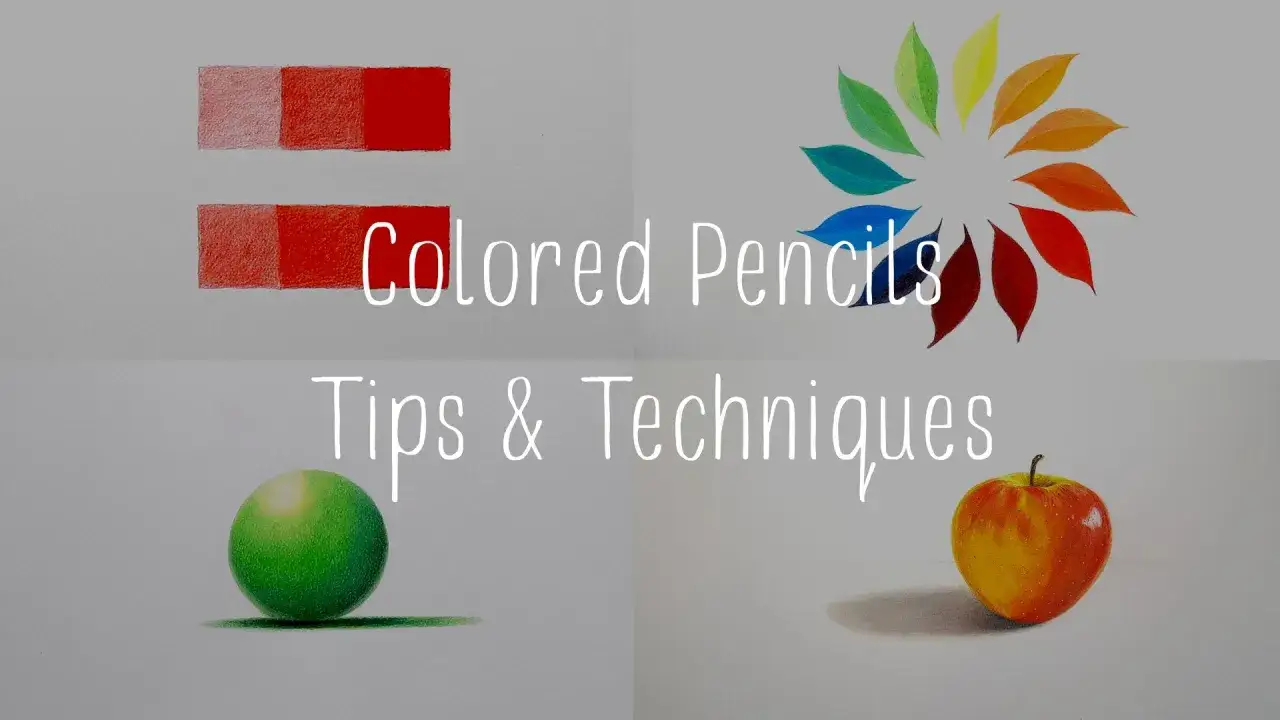 Demostraci&oacute;n de c&oacute;mo pintar con l&aacute;pices de colores: degradados, una esfera, una manzana y un abanico de colores.