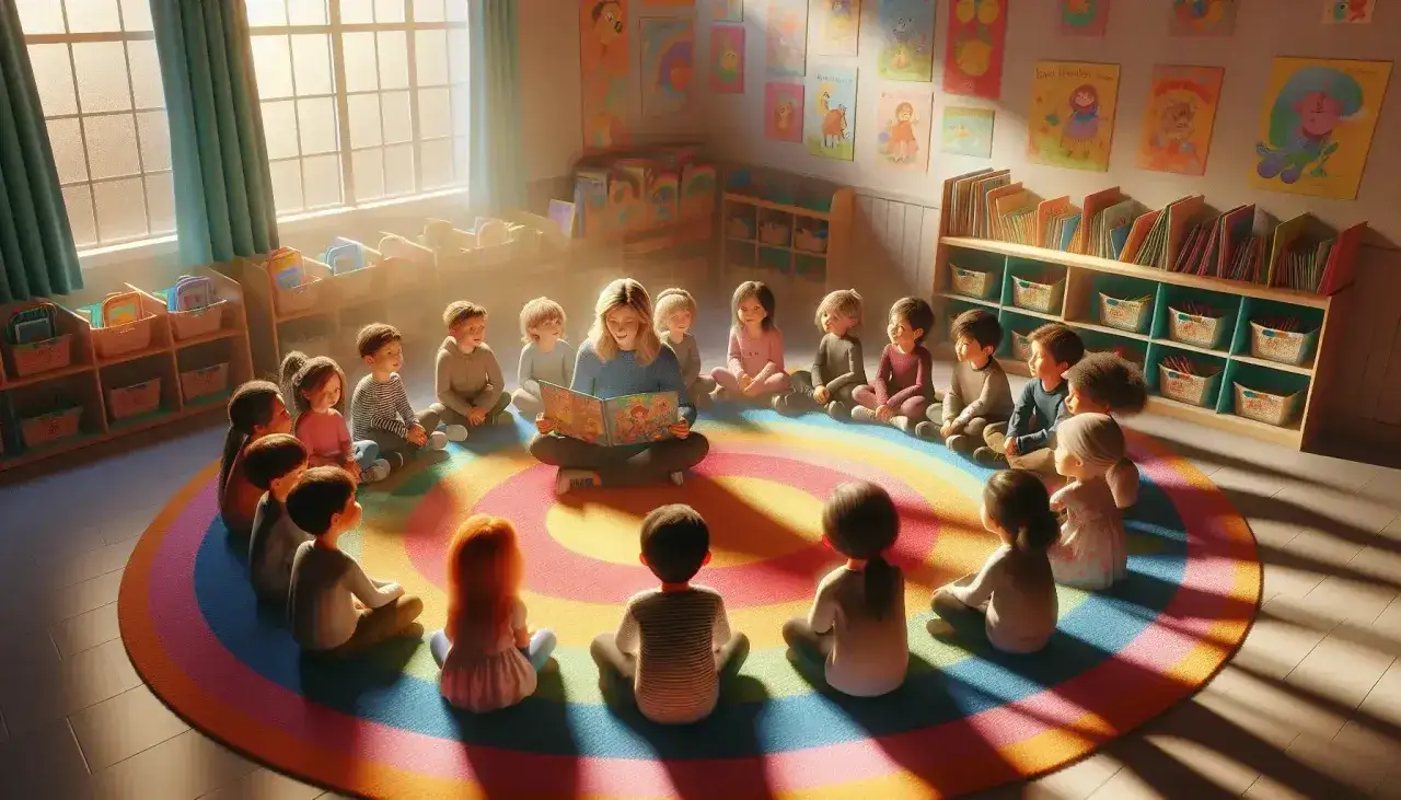 Maestra lee cuentos de leyendas para ni&ntilde;os sentados en un c&iacute;rculo en una sala de clases colorida.