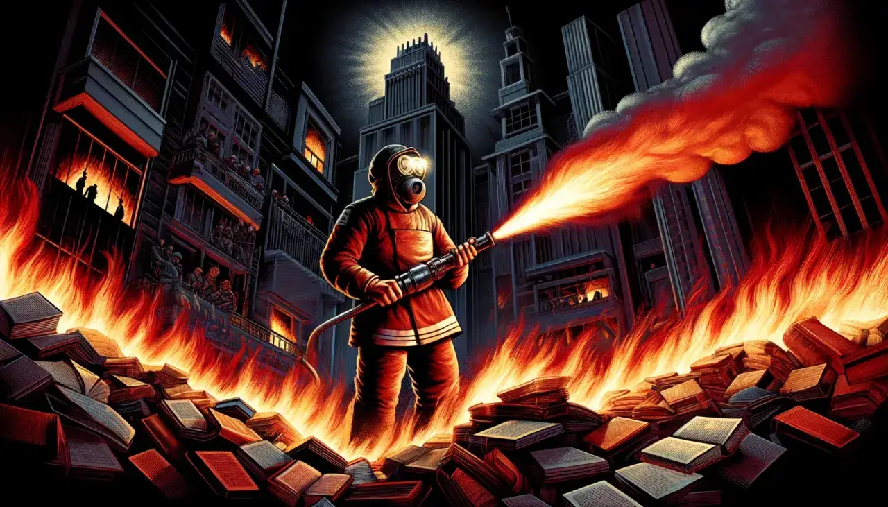 Bombero con m&aacute;scara de gas roc&iacute;a fuego sobre pilas de libros. Un resumen de Fahrenheit 451.