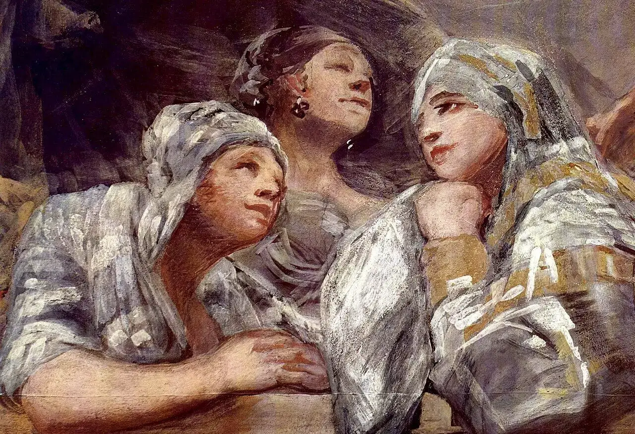 El si de las ni&ntilde;as resumen: tres mujeres con velos, una con pendiente, miran hacia arriba con expresi&oacute;n pensativa.