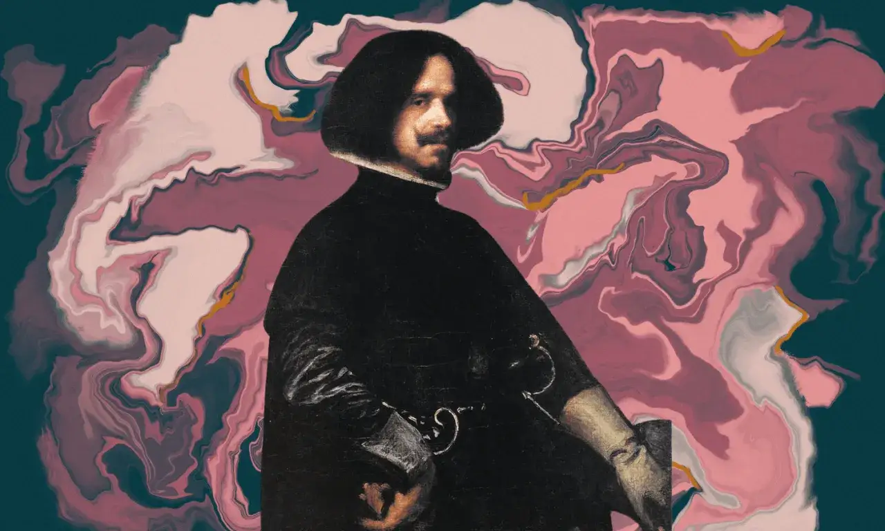 Retrato de Vel&aacute;zquez, uno de los best painters of all time, sobre un fondo abstracto de remolinos rosas y azules.