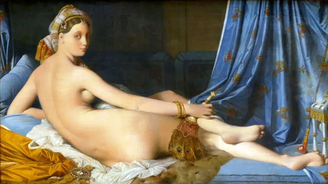 Ba&ntilde;ista de Jean Auguste Dominique Ingres, una mujer recostada con turbante y abanico de plumas.