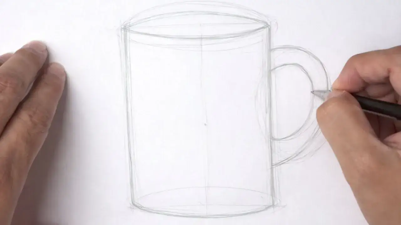 Manos dibujando una taza con trazos sueltos. Bocetos fáciles para dibujar, perfectos para principiantes.