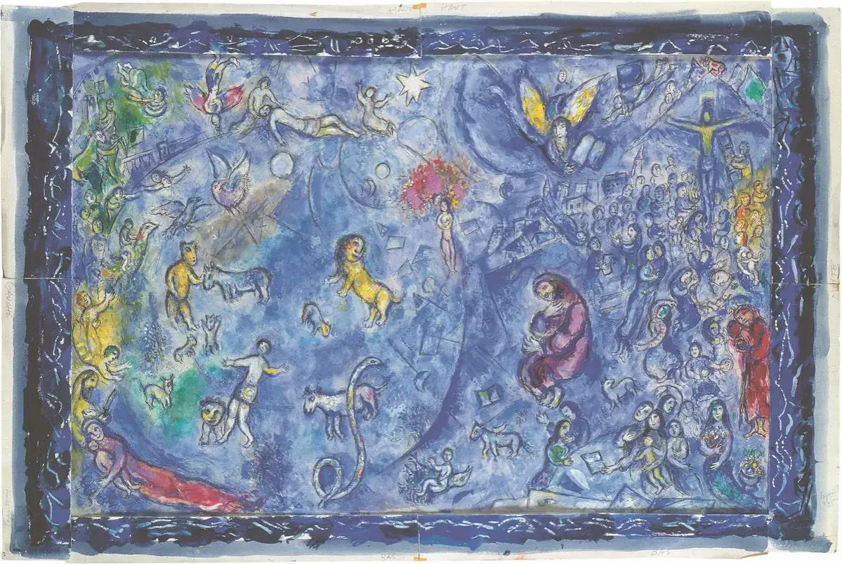 Escena on&iacute;rica de Marc Chagall con figuras celestiales, animales y multitudes en tonos azules.