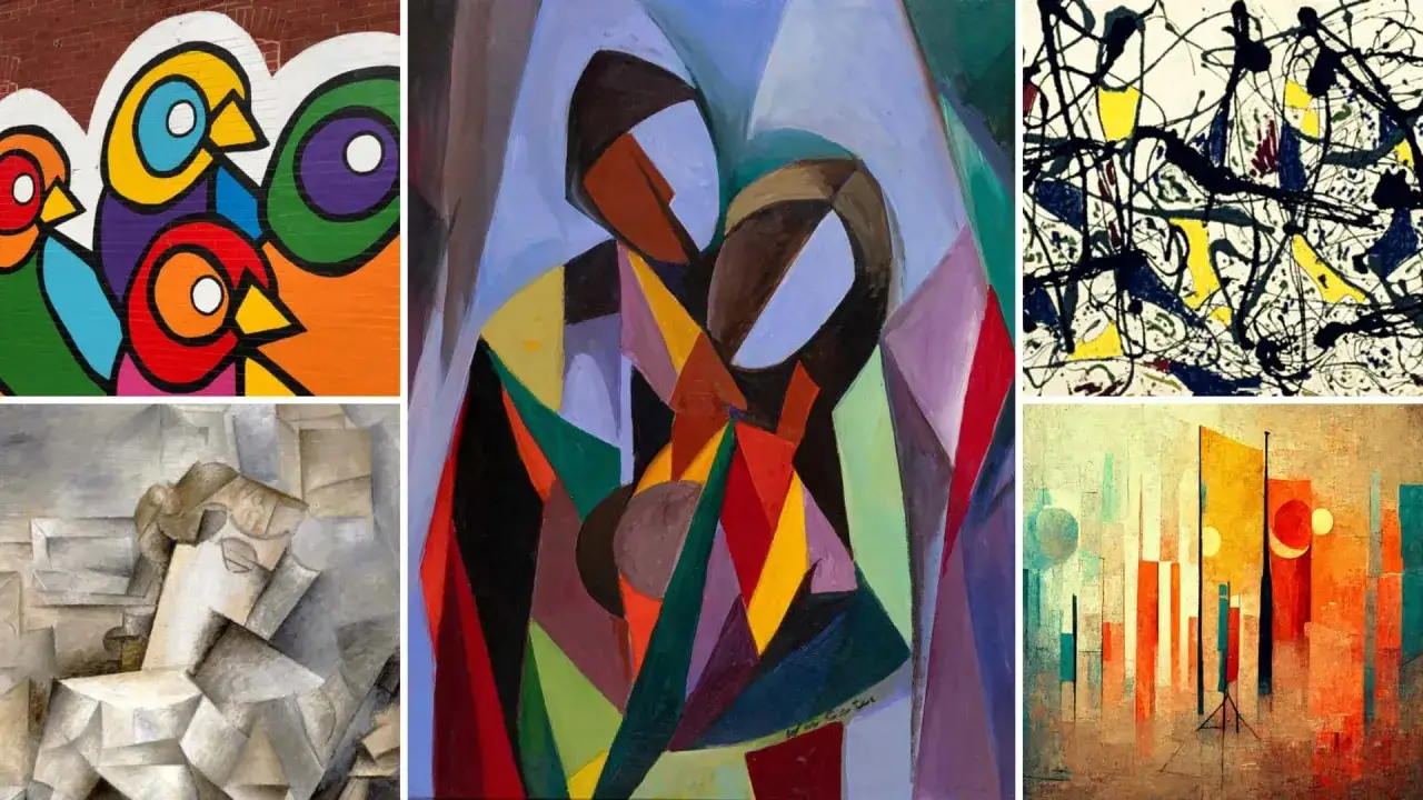 Collage de obras que exploran qué es el arte moderno: aves coloridas, figuras abstractas, arte abstracto de Jackson Pollock, cubismo y un paisaje urbano estilizado.