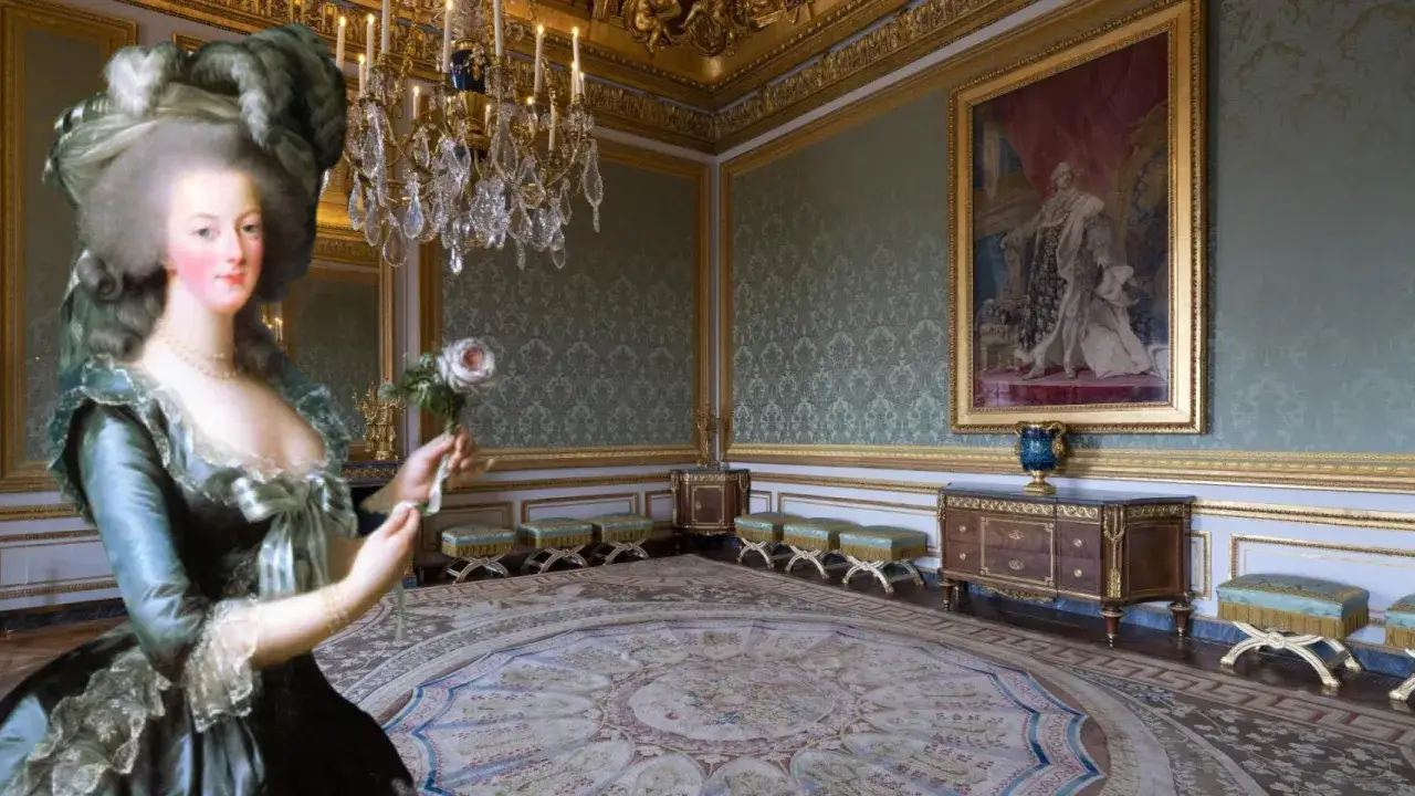 Retrato de dama con flor en suntuosa sala, un vistazo a las curiosidades del Palacio de Versalles.