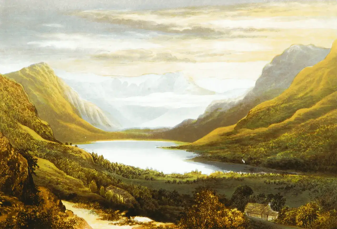 Un lago sereno entre monta&ntilde;as doradas, ideal para paisajes para dibujar realistas. Nubes tenues y una casa solitaria a&ntilde;aden detalle.