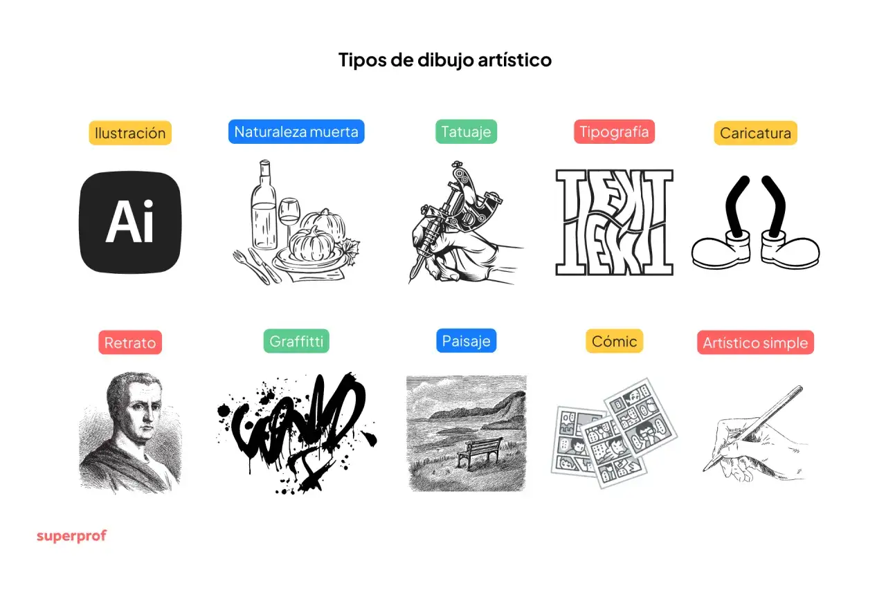 Diversos tipos de dibujo art&iacute;stico: ilustraci&oacute;n, naturaleza muerta, tatuaje, tipograf&iacute;a, caricatura, retrato, graffitti, paisaje, c&oacute;mic y art&iacute;stico simple.