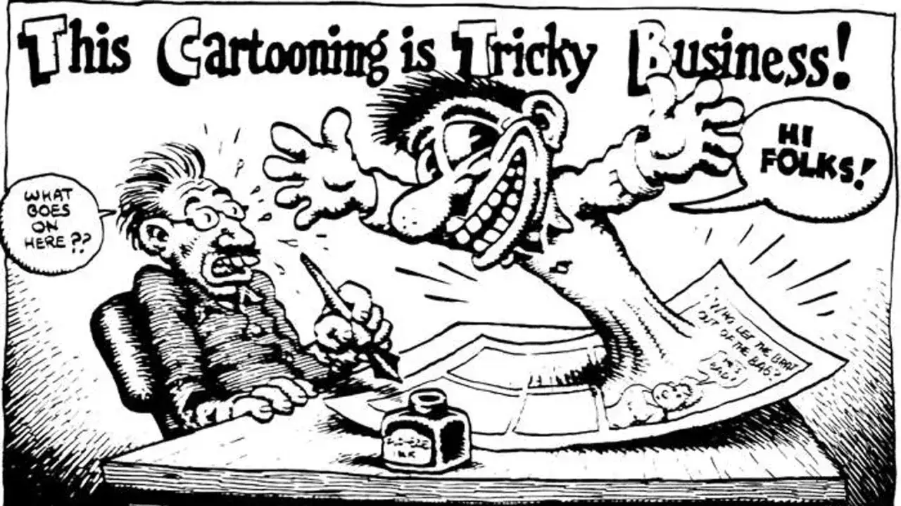 Robert Crumb dibujos: un caricaturista frustrado mira a otro personaje que saluda con entusiasmo, con un beb&eacute; saliendo de una bolsa.
