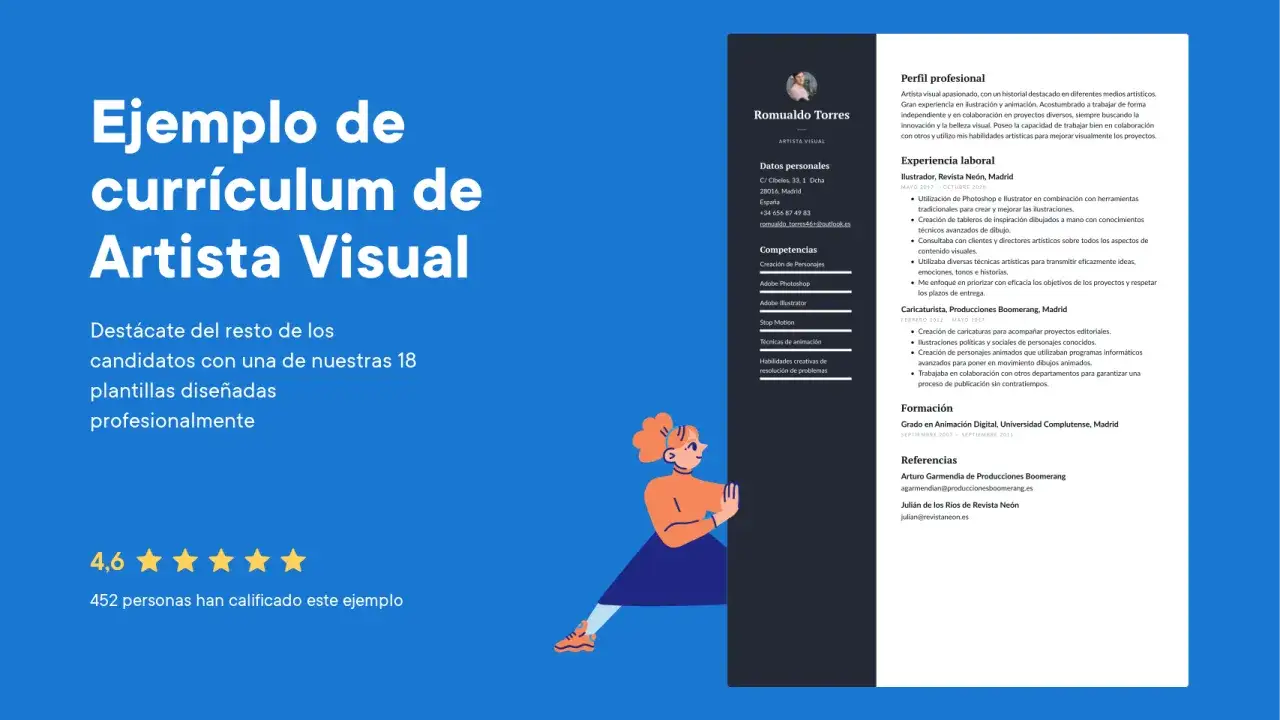 Ejemplo de curr&iacute;culum de artista visual. Muestra la experiencia y competencias de Romualdo Torres, un artista visual con habilidades en ilustraci&oacute;n y animaci&oacute;n.