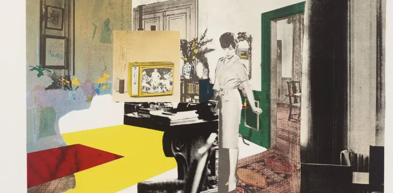 Collage de Richard Hamilton, estilo pop art, con una mujer, un televisor y elementos de interiorismo.