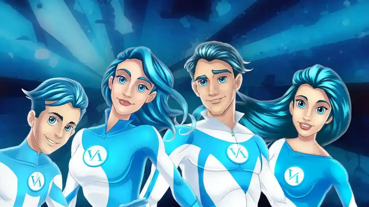 Cuatro j&oacute;venes con cabello azul y trajes blancos y azules, en estilos de dibujo anime, posan sonriendo.