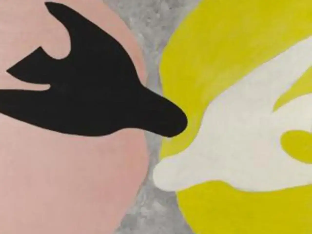 Dos siluetas abstractas, una negra y otra blanca, flotan sobre fondos rosa y amarillo. Es una representación que evoca el espíritu del cubismo.