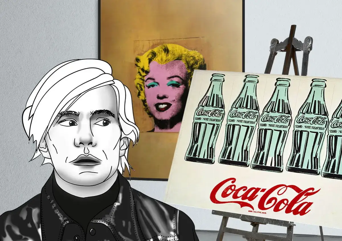 Retrato de Andy Warhol junto a sus icónicas obras de Marilyn Monroe y botellas de Coca-Cola.