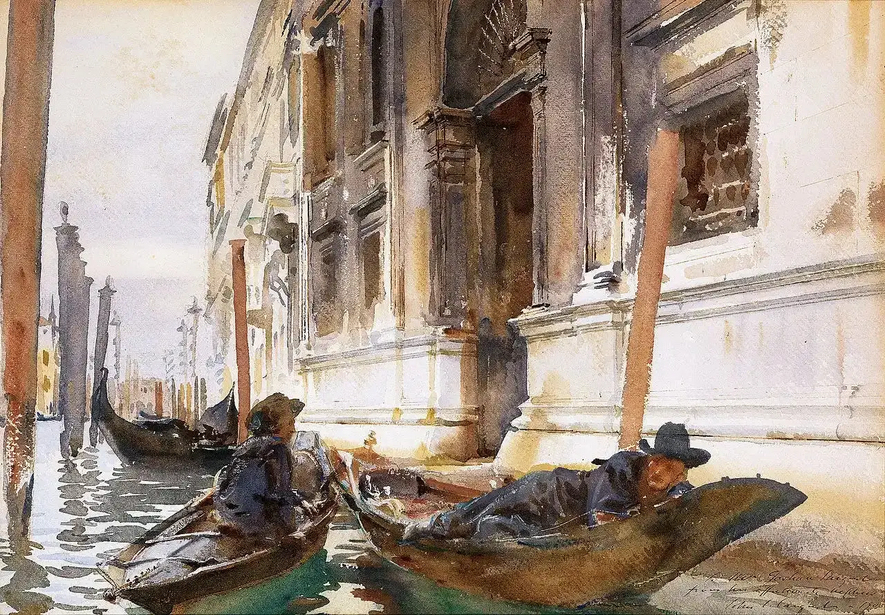 Venecia, un canal con g&oacute;ndolas y edificios hist&oacute;ricos. La luz y el agua capturadas por el mejor pintor de acuarela.