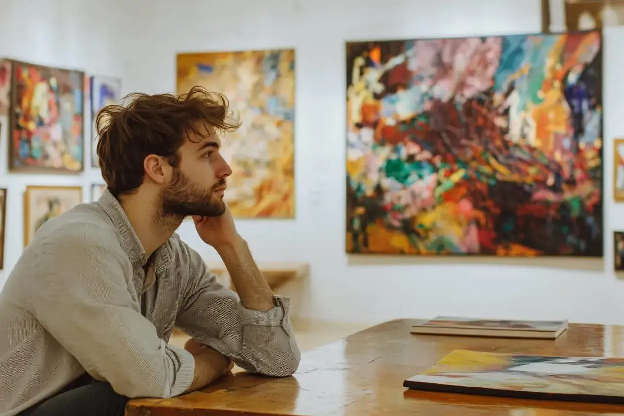 Joven reflexiona en una galer&iacute;a de arte, contemplando las obras. Su mirada profunda sugiere la visi&oacute;n de una curadora de arte analizando cada detalle.