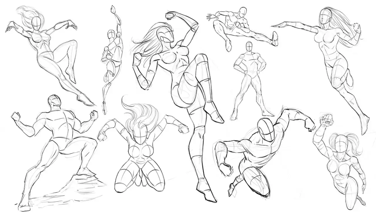 Bocetos de dibujos de personas en movimiento, como superh&eacute;roes en acci&oacute;n, con l&iacute;neas din&aacute;micas y poses atl&eacute;ticas.