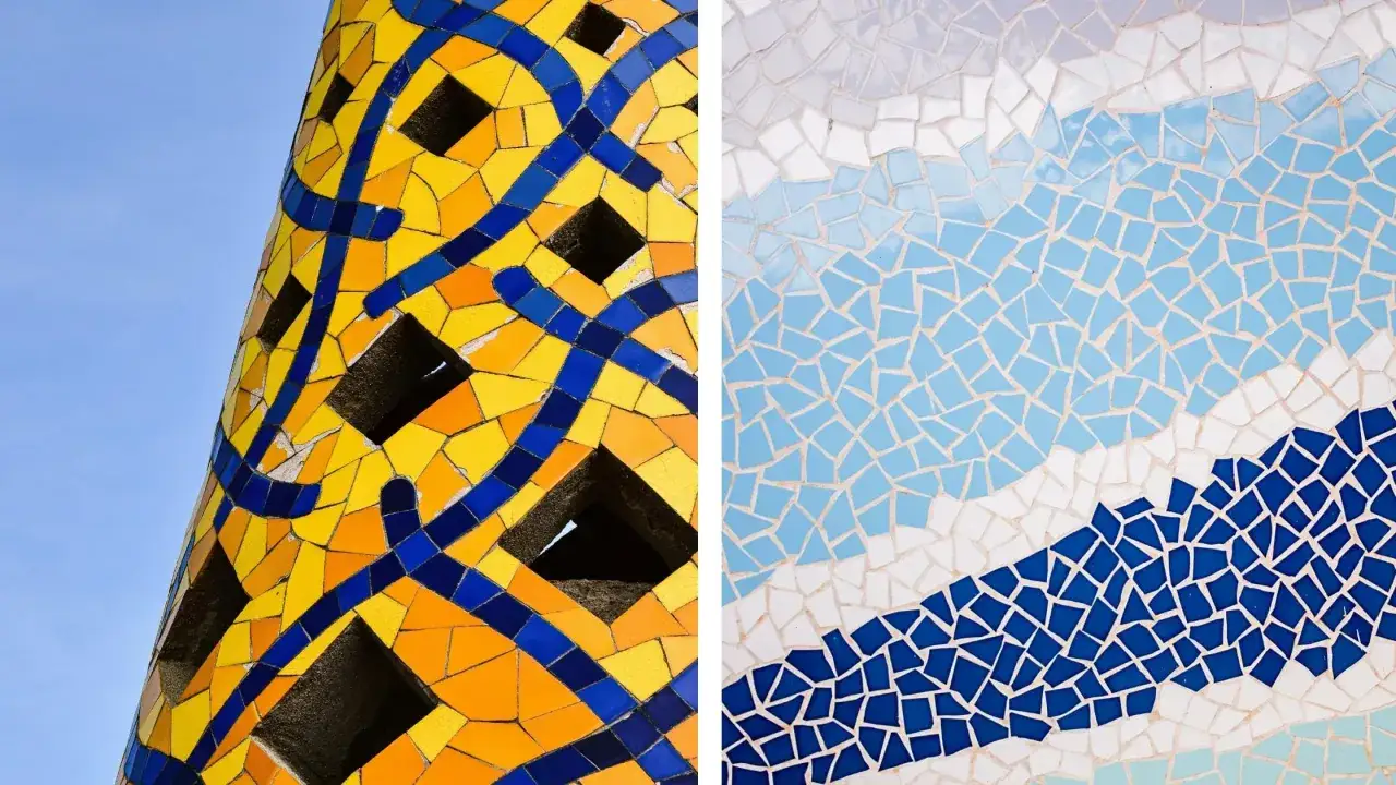 Detalle de qu&eacute; es un mosaico: un lado con teselas amarillas y azules formando curvas, el otro con tonos celestes y blancos simulando olas.